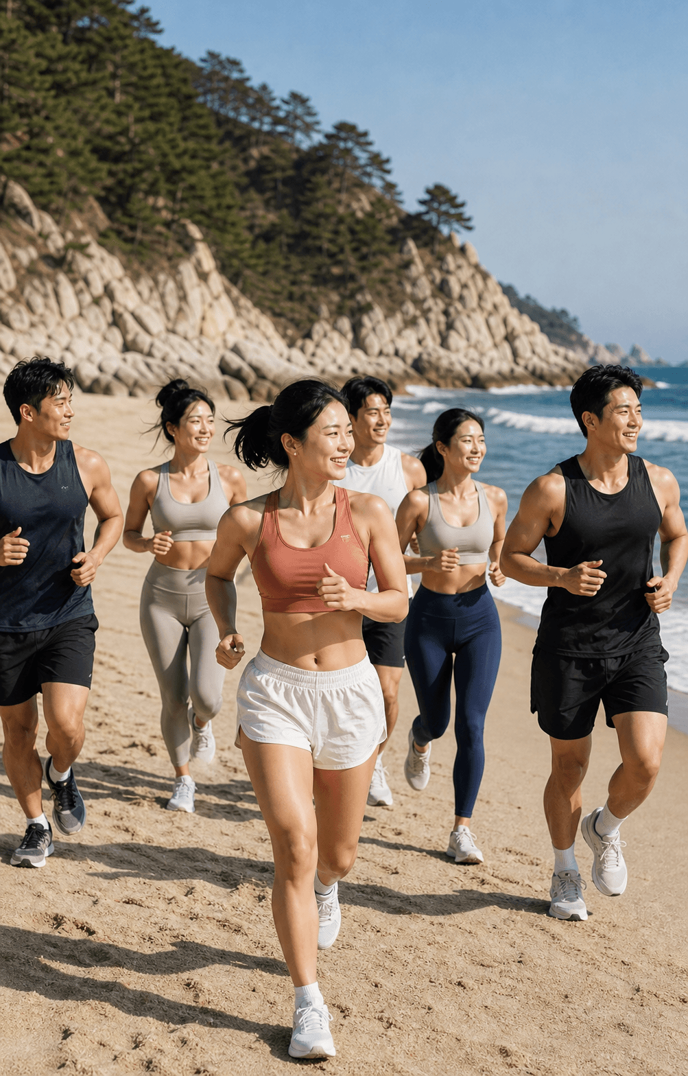 강원 동해시 모래 해변에서 함께 러닝 프로그램을 즐기는 참가자들