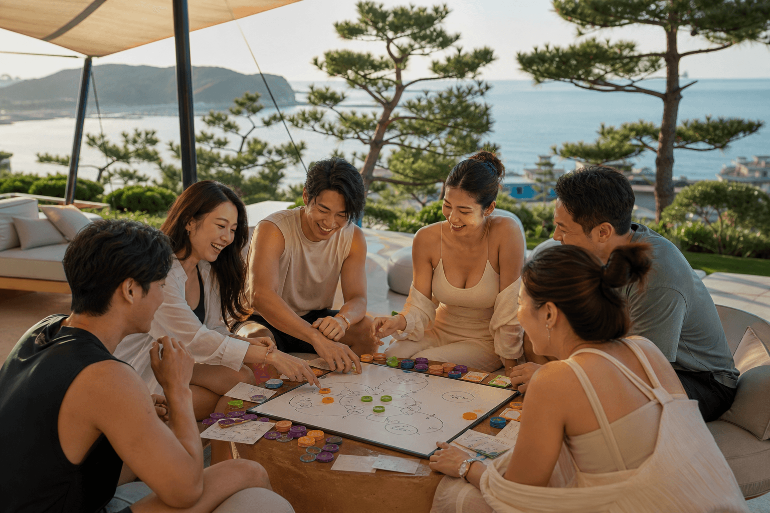동해 소나무 가든 테라스에서 캐시플로우 보드 활동에 몰입한 참가자들