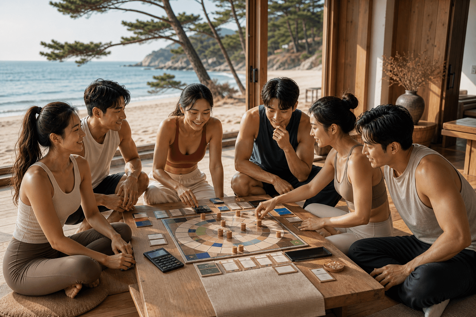 캐시플로우 프로그램을 즐기며 자산 흐름을 계산하는 참가자들