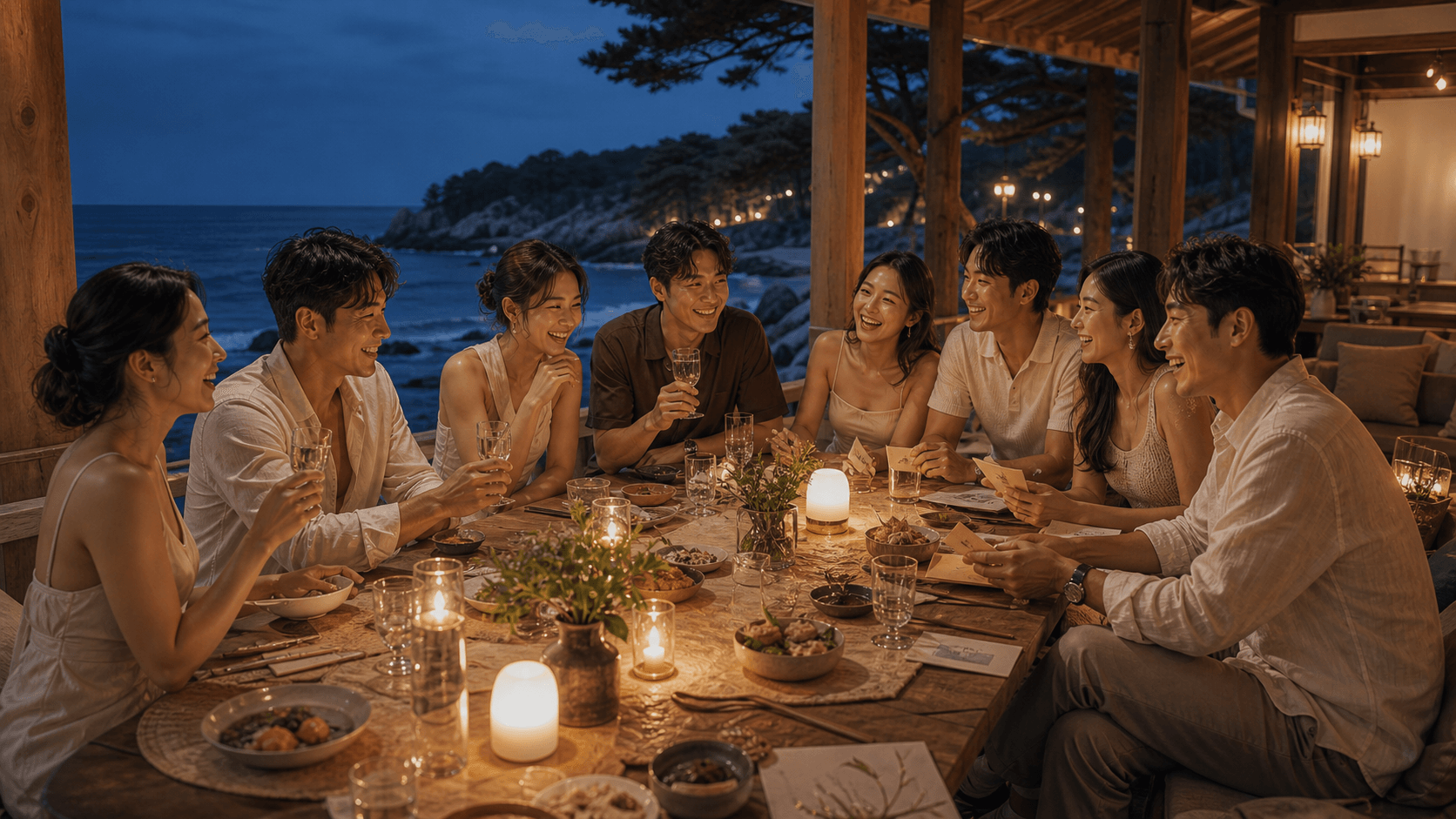 동해 바다의 저녁을 배경으로 네트워킹 프로그램을 즐기는 참가자들